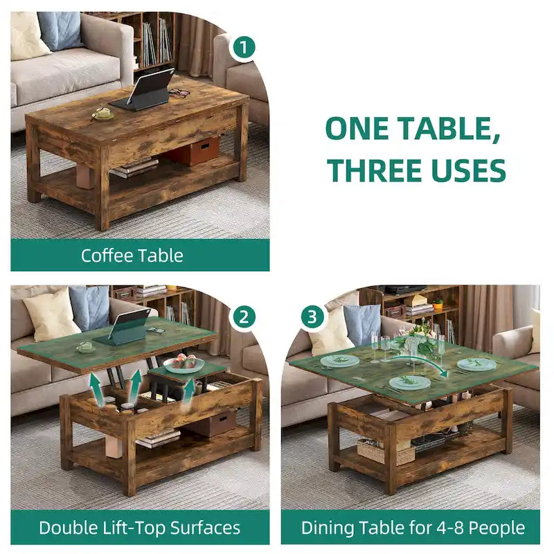 Lift Top Coffee Table with Storage - Extendable for 6-8 People