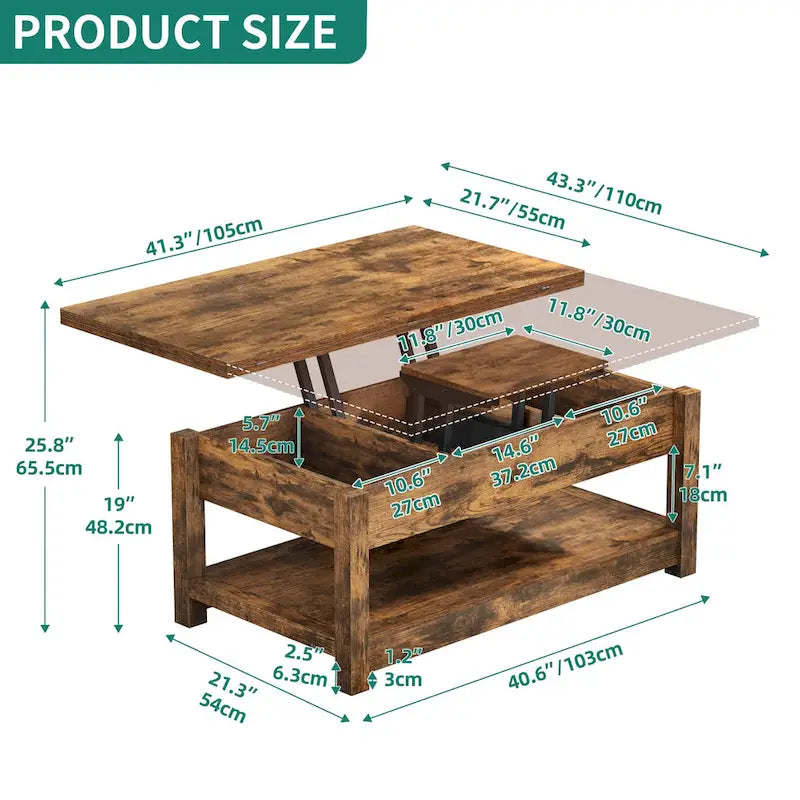 Lift Top Coffee Table with Storage - Extendable for 6-8 People