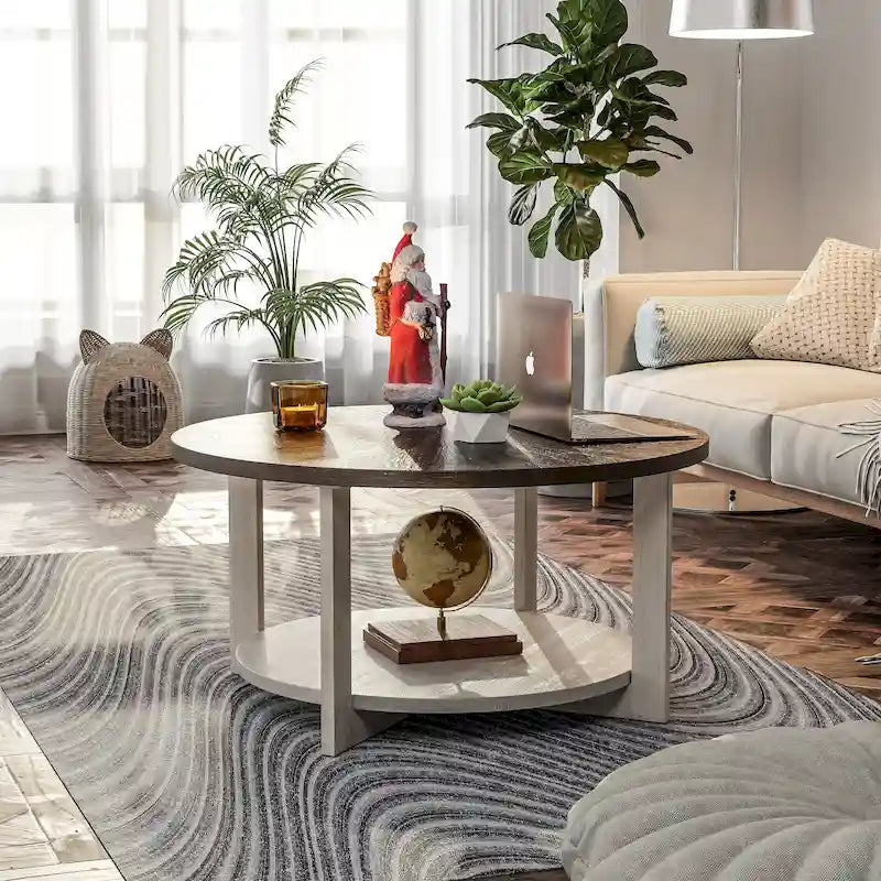 Rustic Round Coffee Table with Storage Shelf