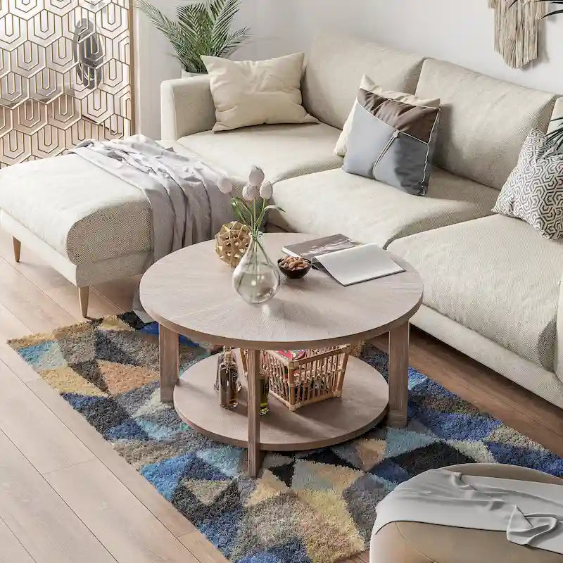Rustic Round Coffee Table with Storage Shelf