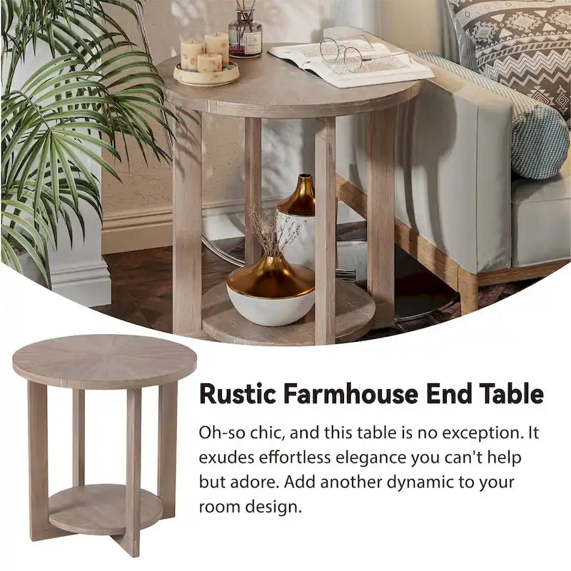 Rustic Round Coffee Table with Storage Shelf