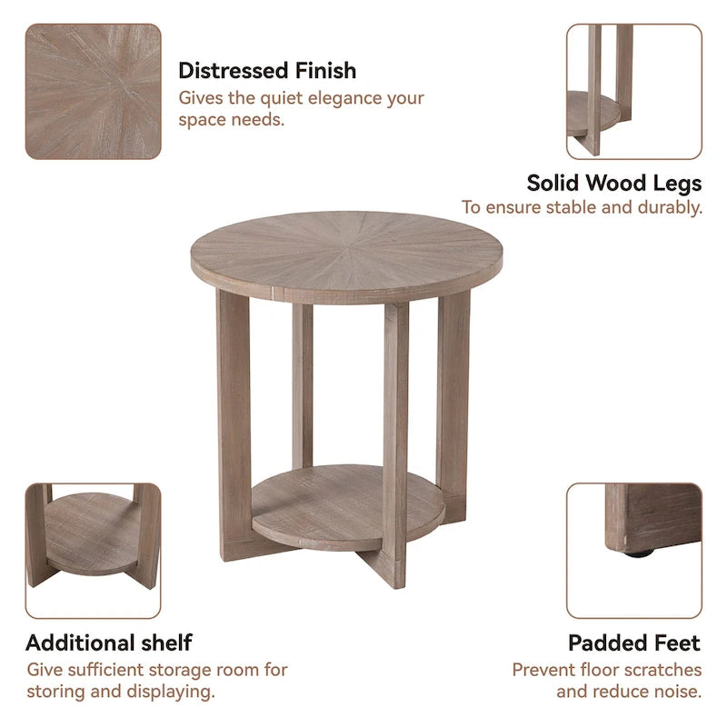Rustic Round Coffee Table with Storage Shelf