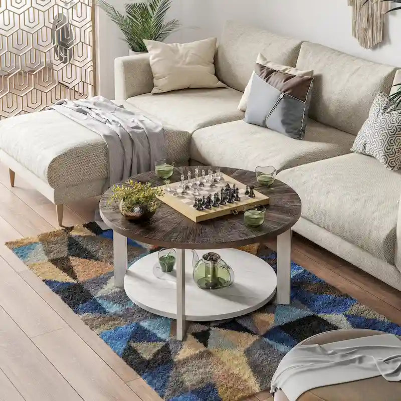 Rustic Round Coffee Table with Storage Shelf