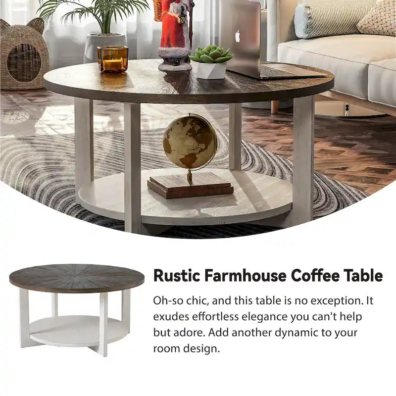 Rustic Round Coffee Table with Storage Shelf
