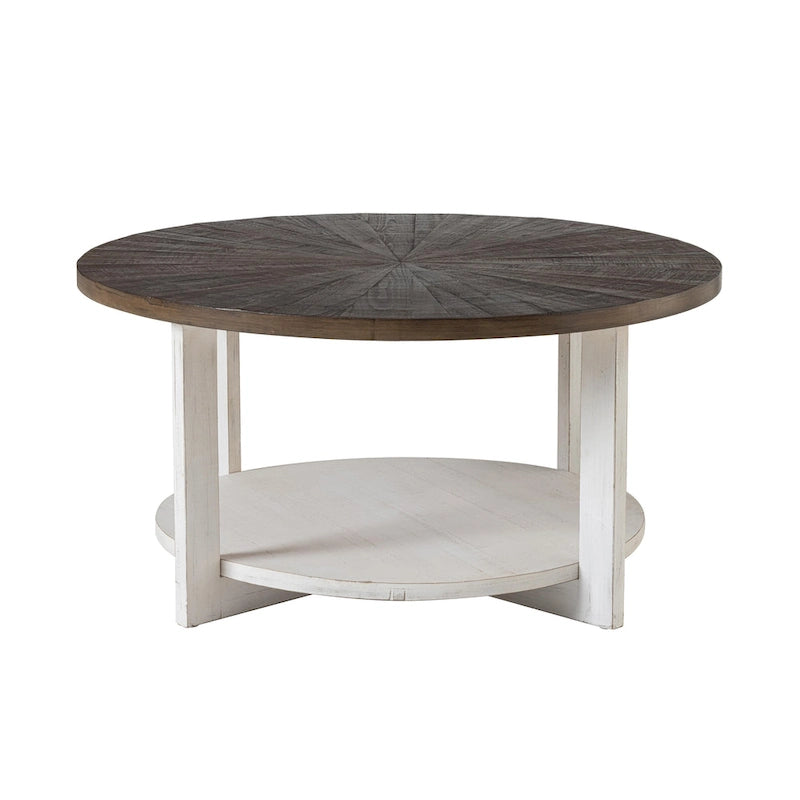 Rustic Round Coffee Table with Storage Shelf