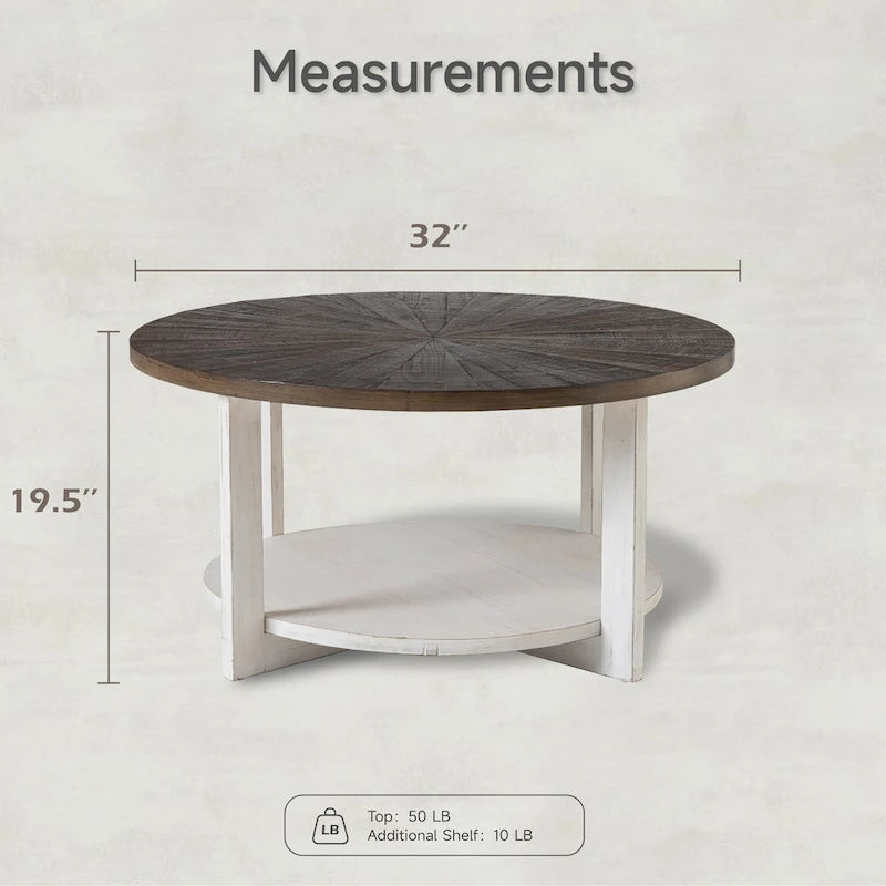 Rustic Round Coffee Table with Storage Shelf
