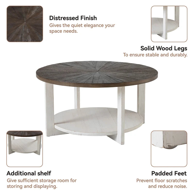 Rustic Round Coffee Table with Storage Shelf