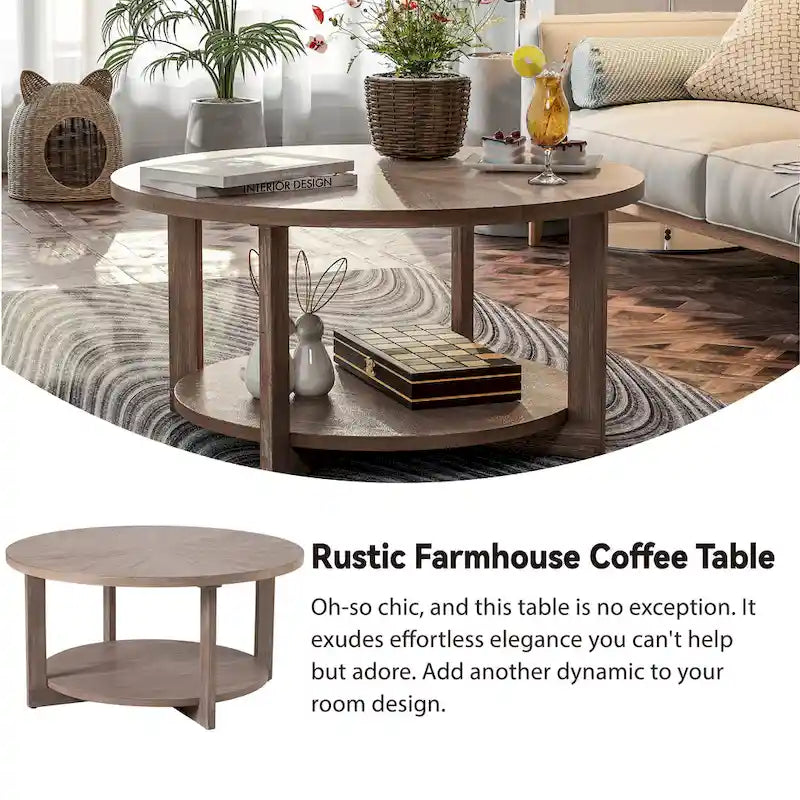 Rustic Round Coffee Table with Storage Shelf