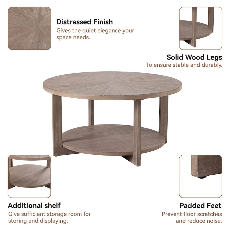 Rustic Round Coffee Table with Storage Shelf