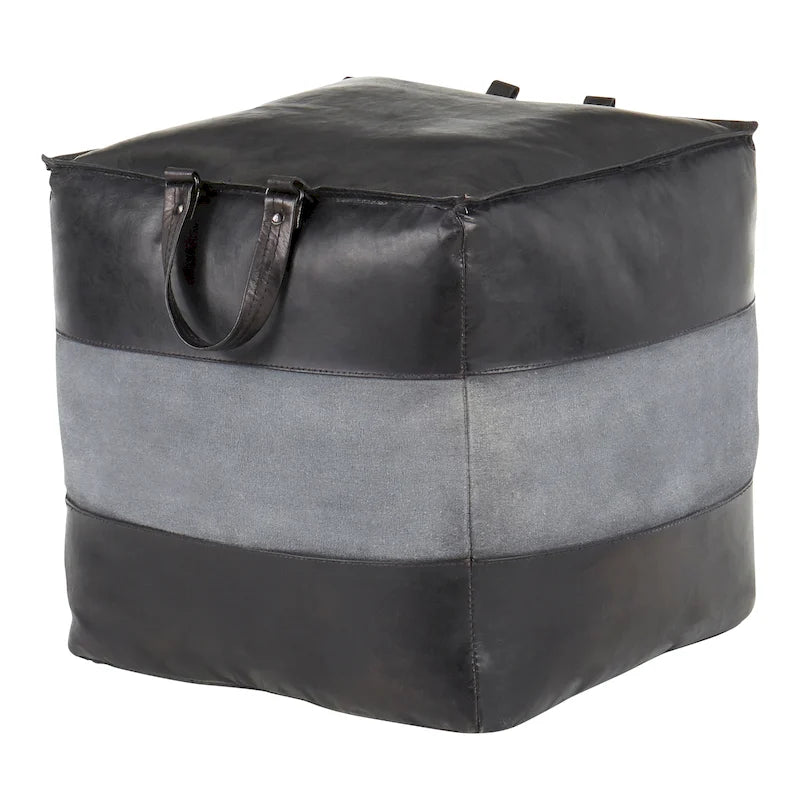 Industrial Pouf Ottoman in Leather and Canvas
