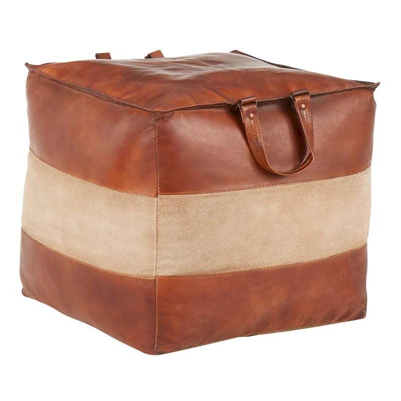 Industrial Pouf Ottoman in Leather and Canvas
