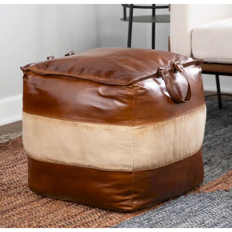 Industrial Pouf Ottoman in Leather and Canvas