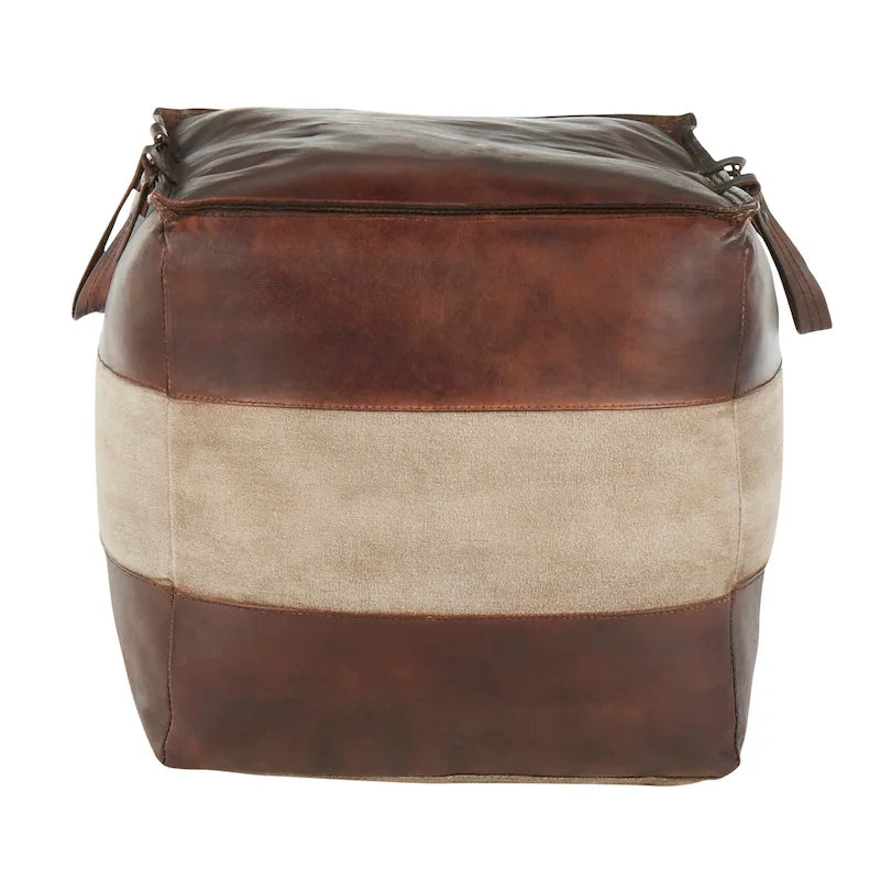 Industrial Pouf Ottoman in Leather and Canvas