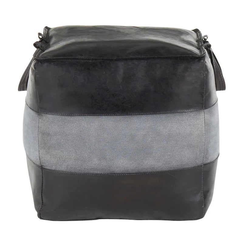 Industrial Pouf Ottoman in Leather and Canvas