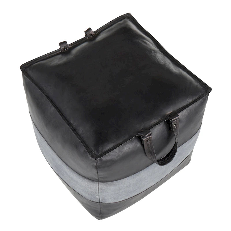Industrial Pouf Ottoman in Leather and Canvas