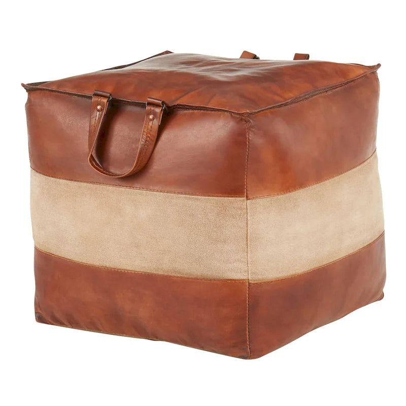 Industrial Pouf Ottoman in Leather and Canvas