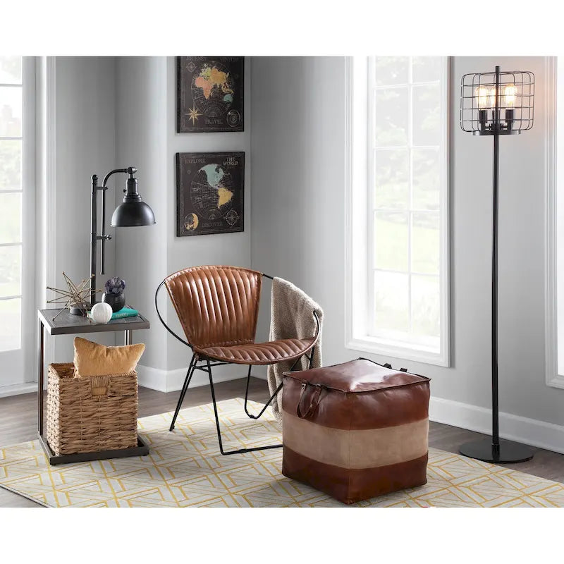 Industrial Pouf Ottoman in Leather and Canvas
