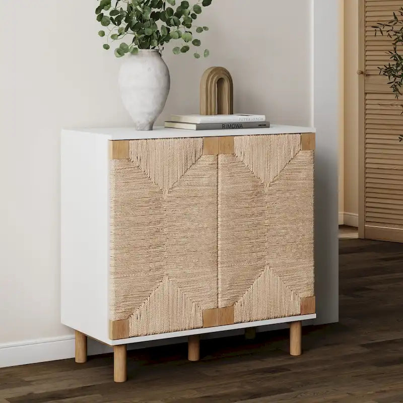 Light Brown Wood Accent Cabinet with Seagrass Doors