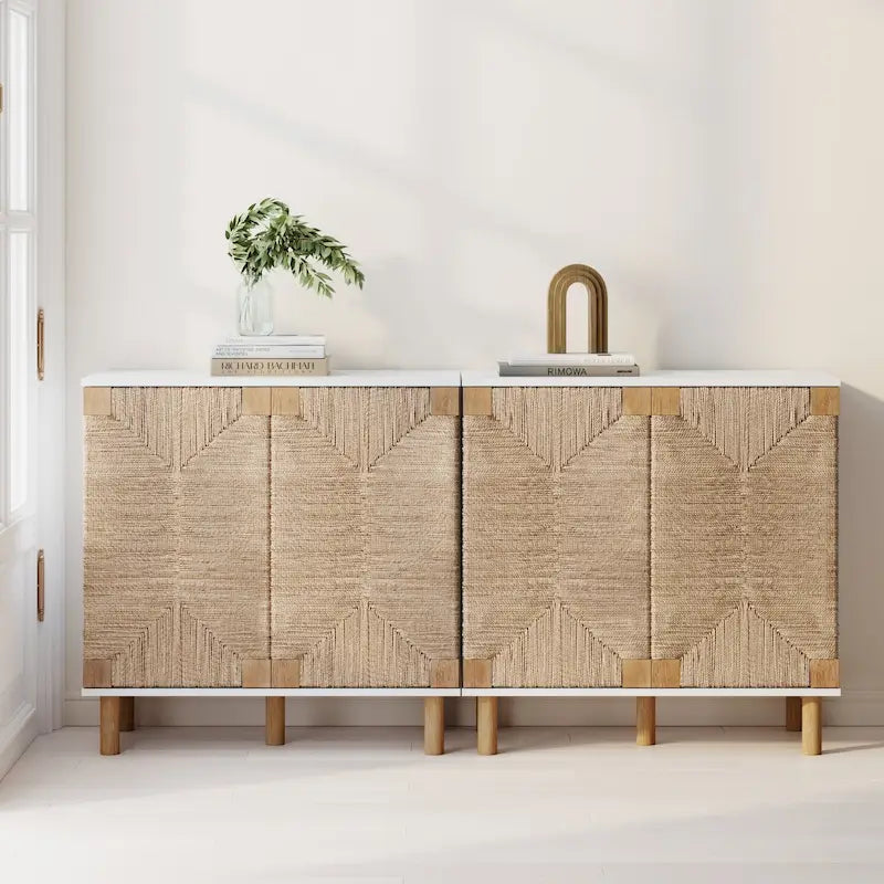 Light Brown Wood Accent Cabinet with Seagrass Doors
