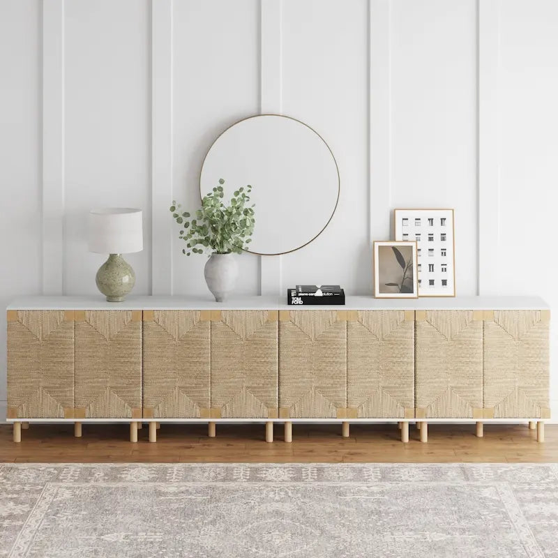 Light Brown Wood Accent Cabinet with Seagrass Doors