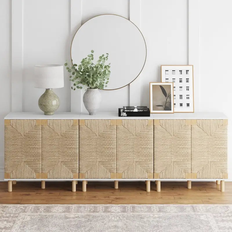 Light Brown Wood Accent Cabinet with Seagrass Doors