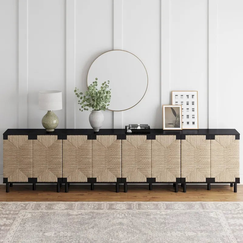 Light Brown Wood Accent Cabinet with Seagrass Doors