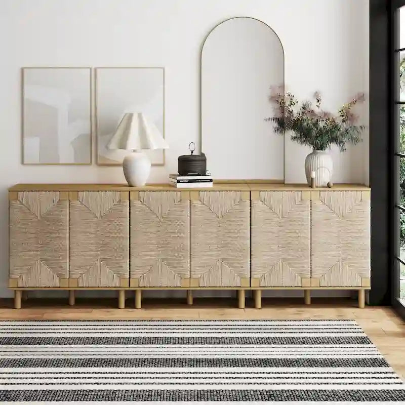 Light Brown Wood Accent Cabinet with Seagrass Doors