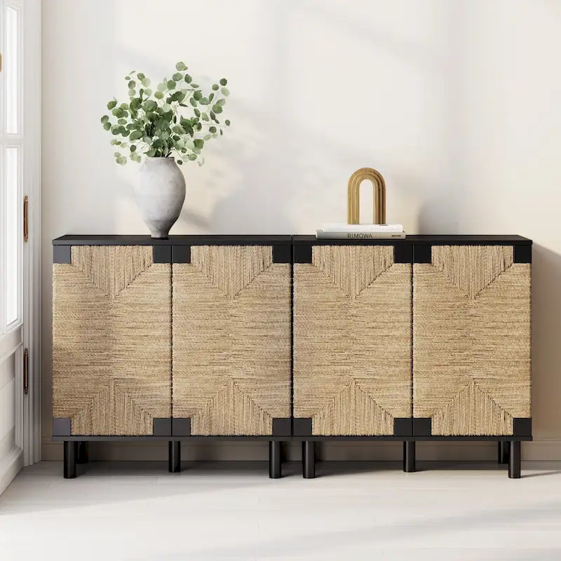 Light Brown Wood Accent Cabinet with Seagrass Doors