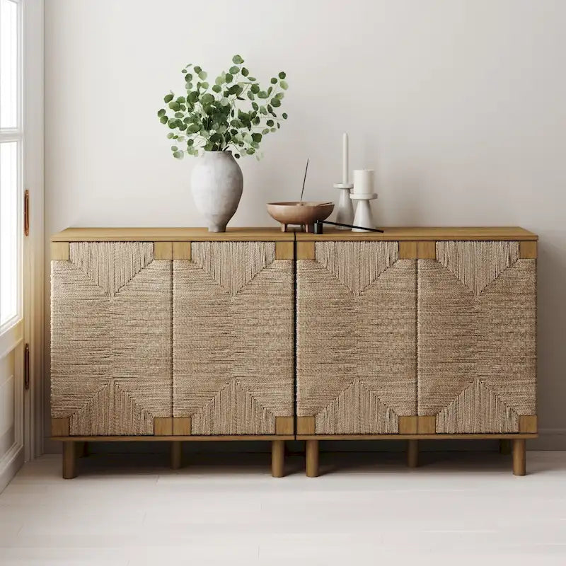 Light Brown Wood Accent Cabinet with Seagrass Doors