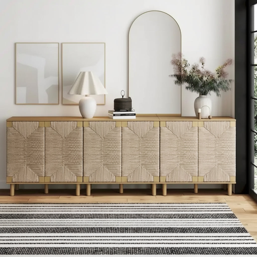 Light Brown Wood Accent Cabinet with Seagrass Doors