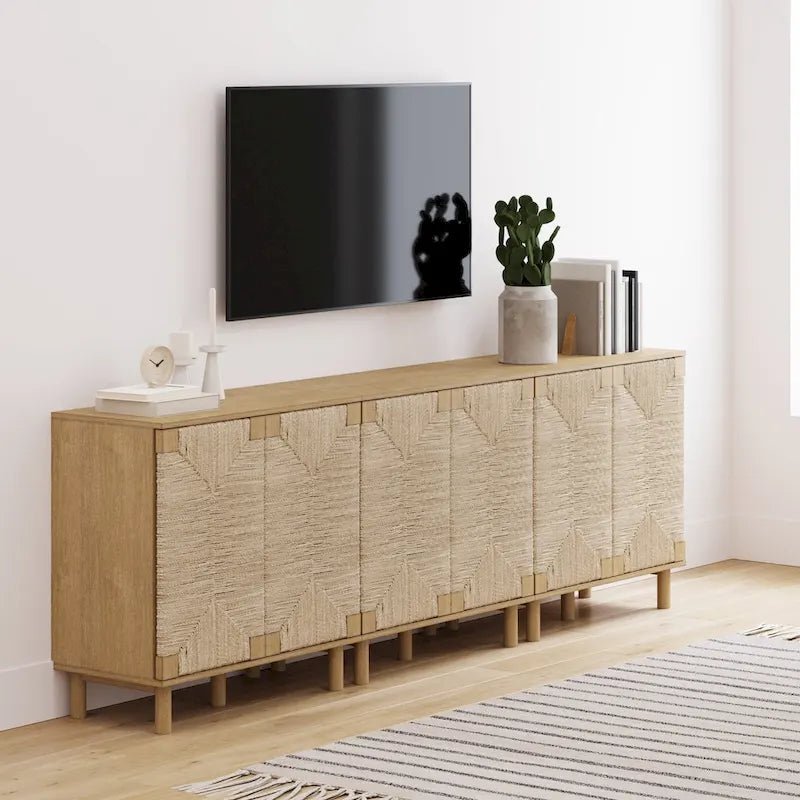 Light Brown Wood Accent Cabinet with Seagrass Doors