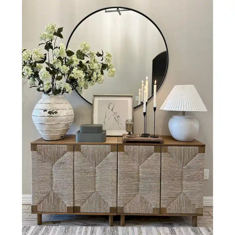 Light Brown Wood Accent Cabinet with Seagrass Doors