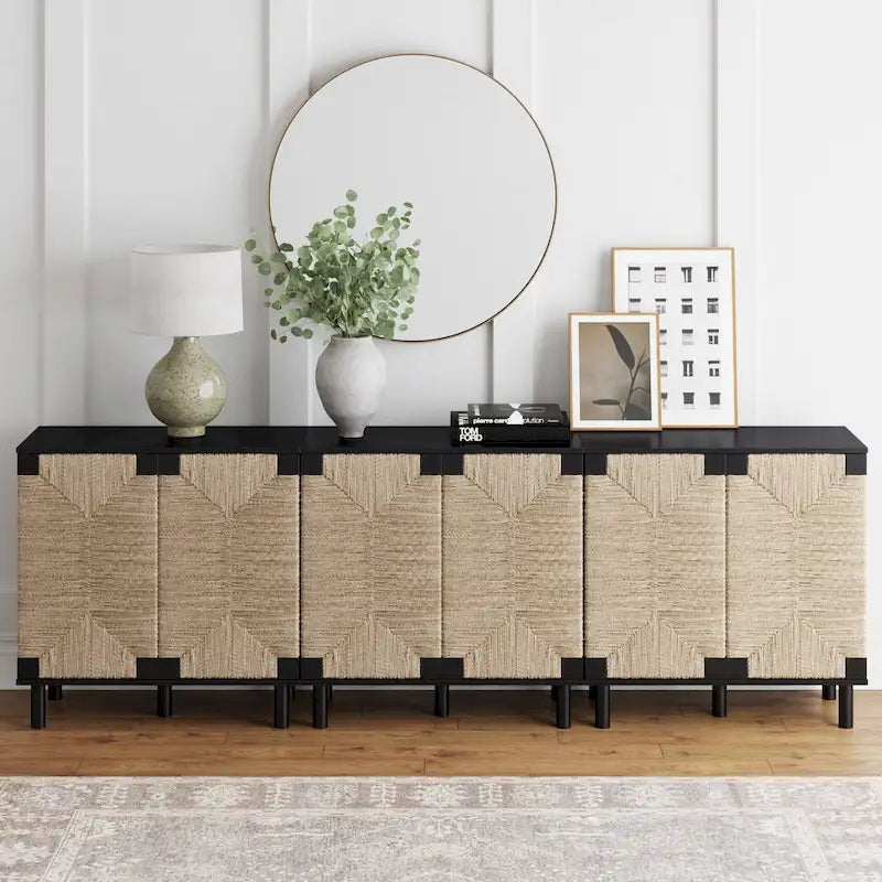 Light Brown Wood Accent Cabinet with Seagrass Doors