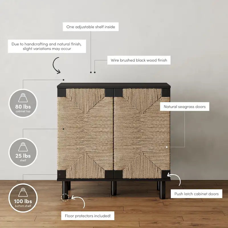 Light Brown Wood Accent Cabinet with Seagrass Doors