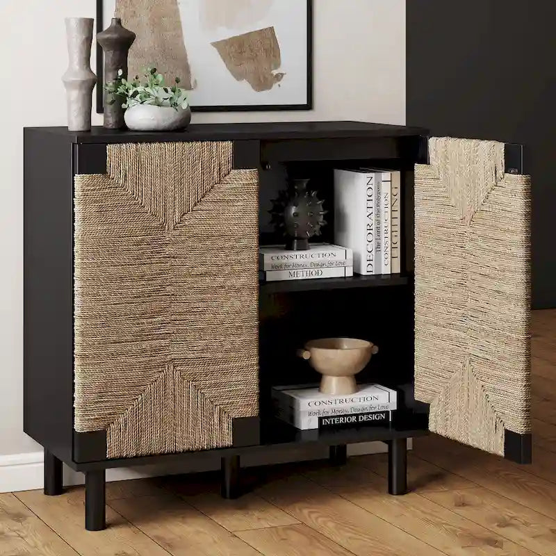 Light Brown Wood Accent Cabinet with Seagrass Doors