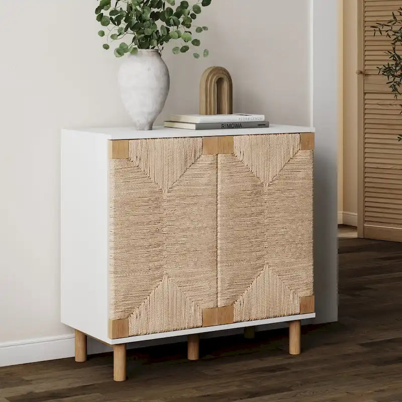 Light Brown Wood Accent Cabinet with Seagrass Doors