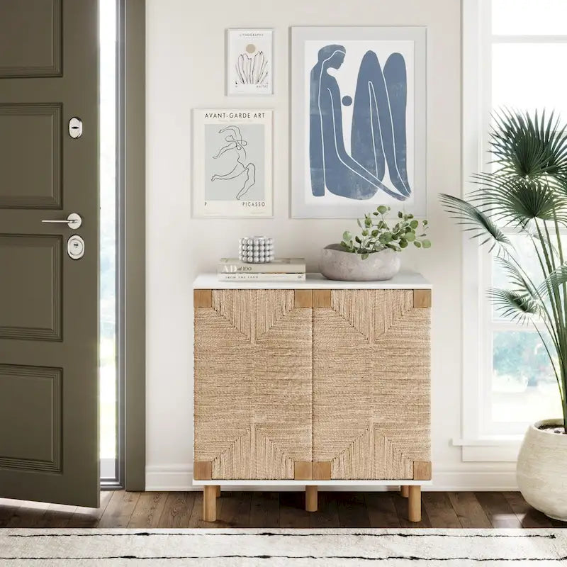 Light Brown Wood Accent Cabinet with Seagrass Doors
