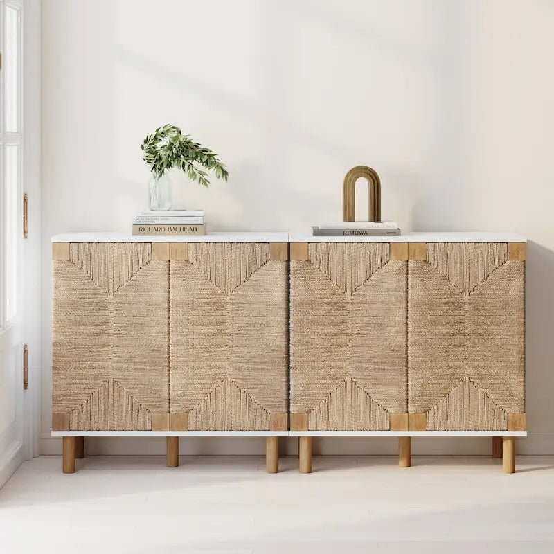Light Brown Wood Accent Cabinet with Seagrass Doors