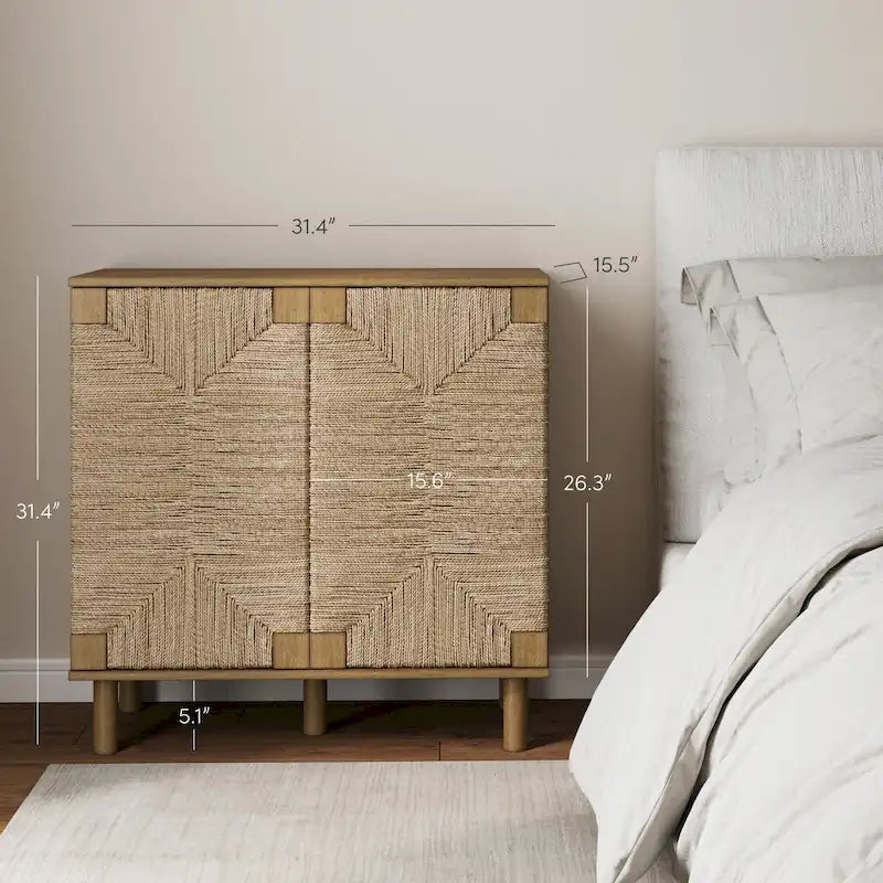 Light Brown Wood Accent Cabinet with Seagrass Doors