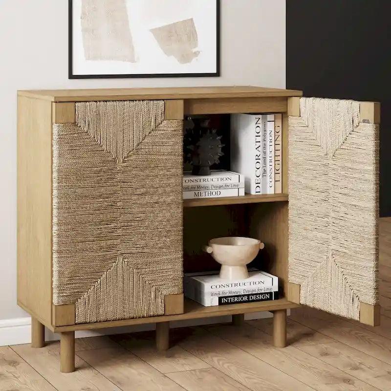 Light Brown Wood Accent Cabinet with Seagrass Doors