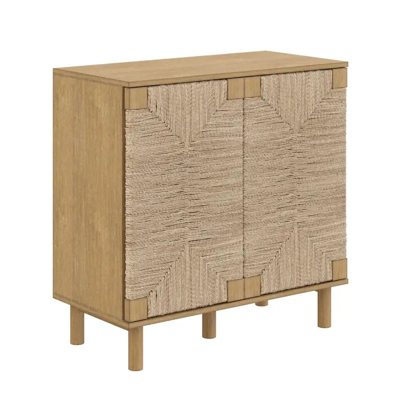 Light Brown Wood Accent Cabinet with Seagrass Doors