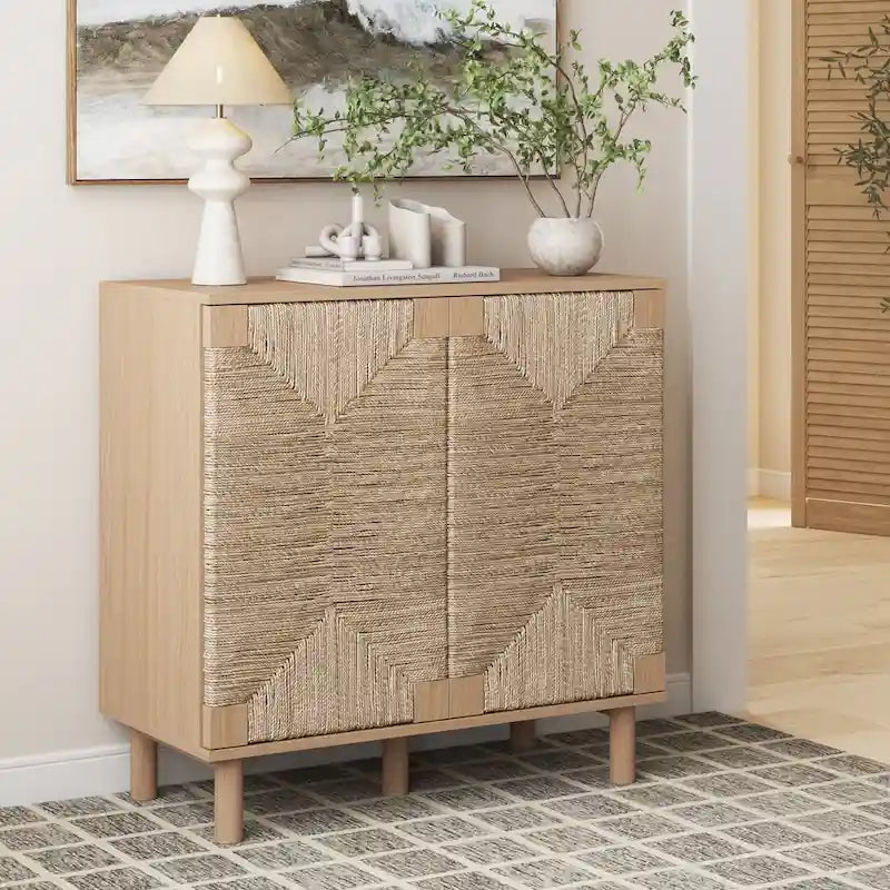 Light Brown Wood Accent Cabinet with Seagrass Doors