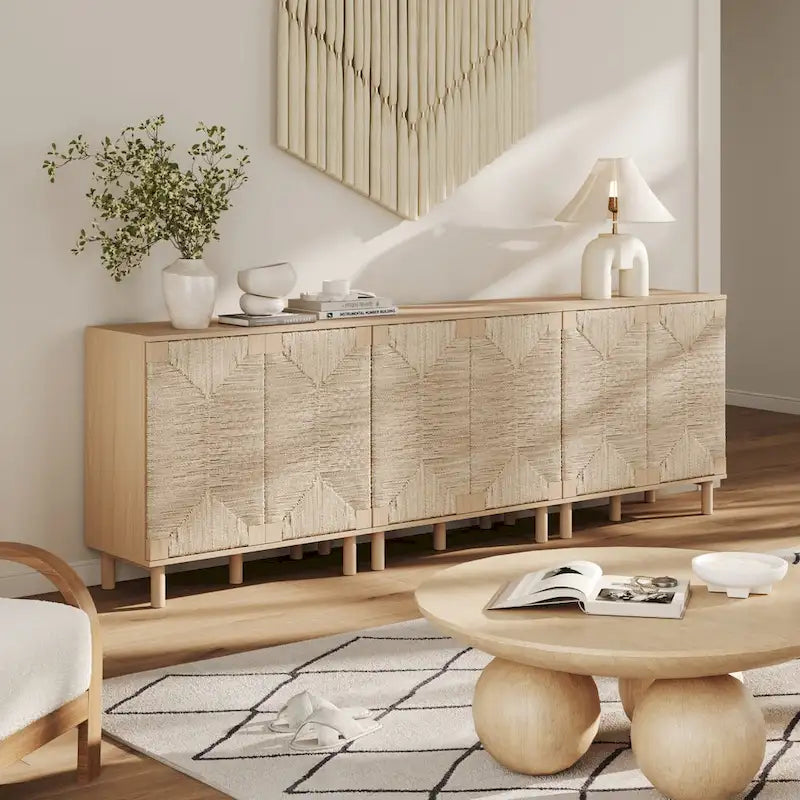 Light Brown Wood Accent Cabinet with Seagrass Doors