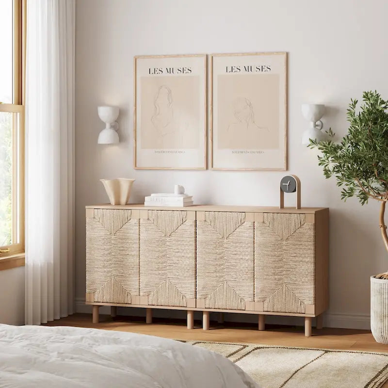 Light Brown Wood Accent Cabinet with Seagrass Doors