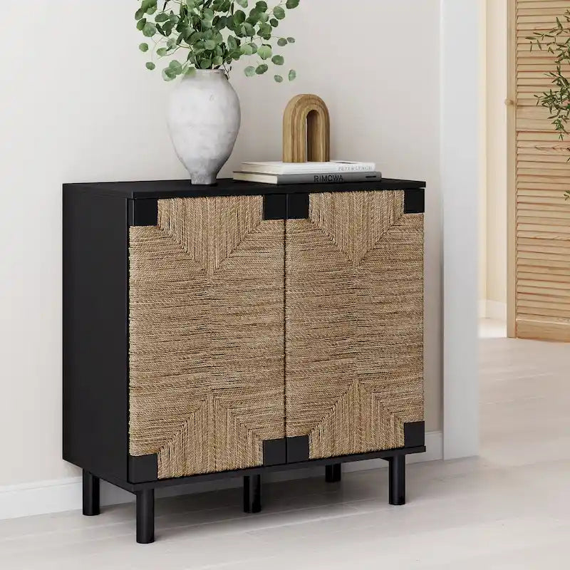 Light Brown Wood Accent Cabinet with Seagrass Doors