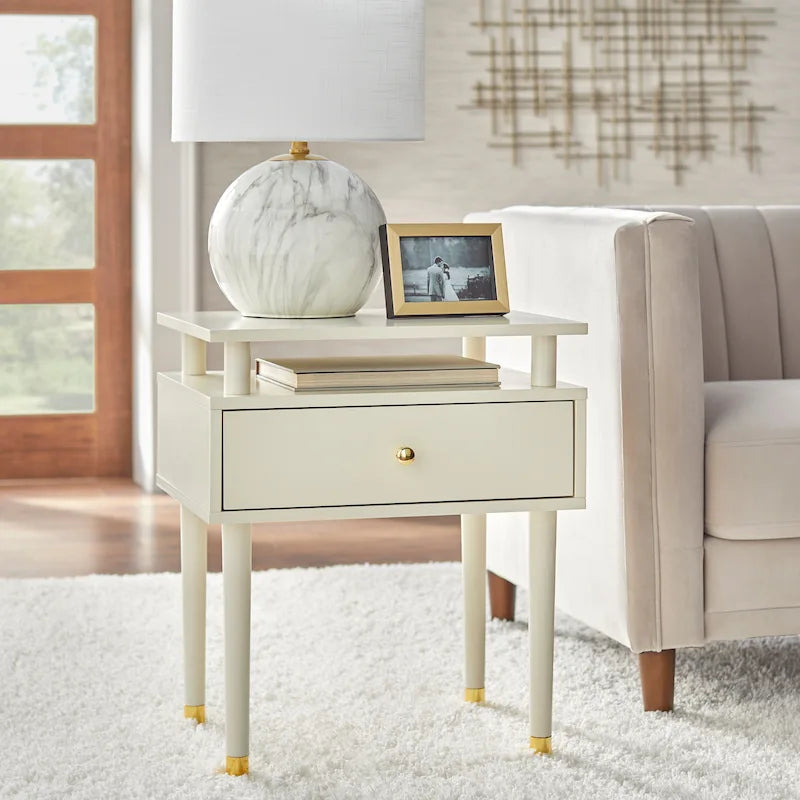 Mid-Century One Drawer Side Table - Antique White/Blush Pink/Walnut