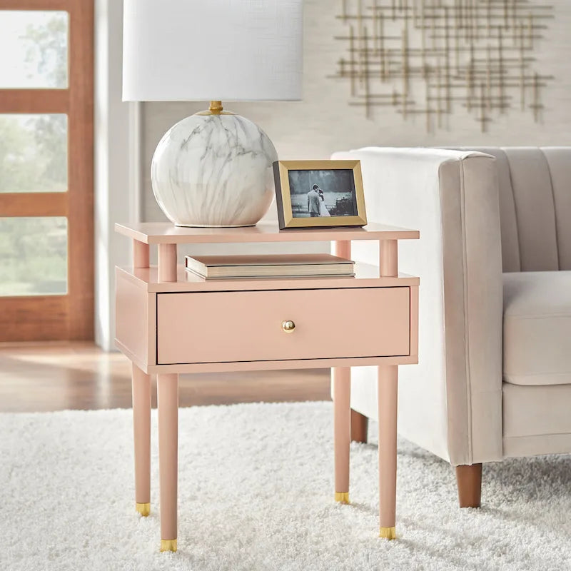 Mid-Century One Drawer Side Table - Antique White/Blush Pink/Walnut
