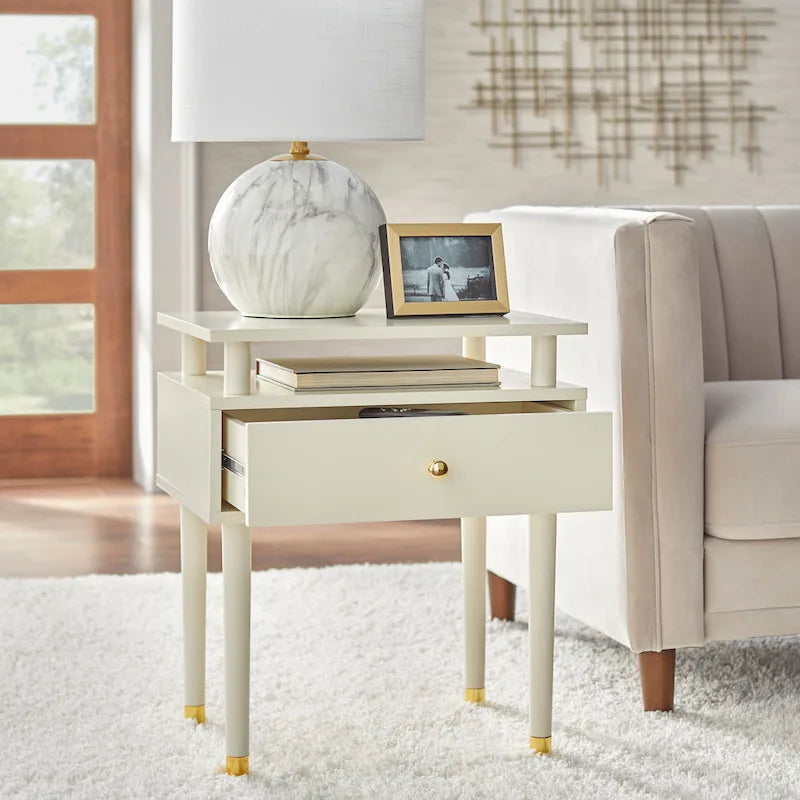 Mid-Century One Drawer Side Table - Antique White/Blush Pink/Walnut