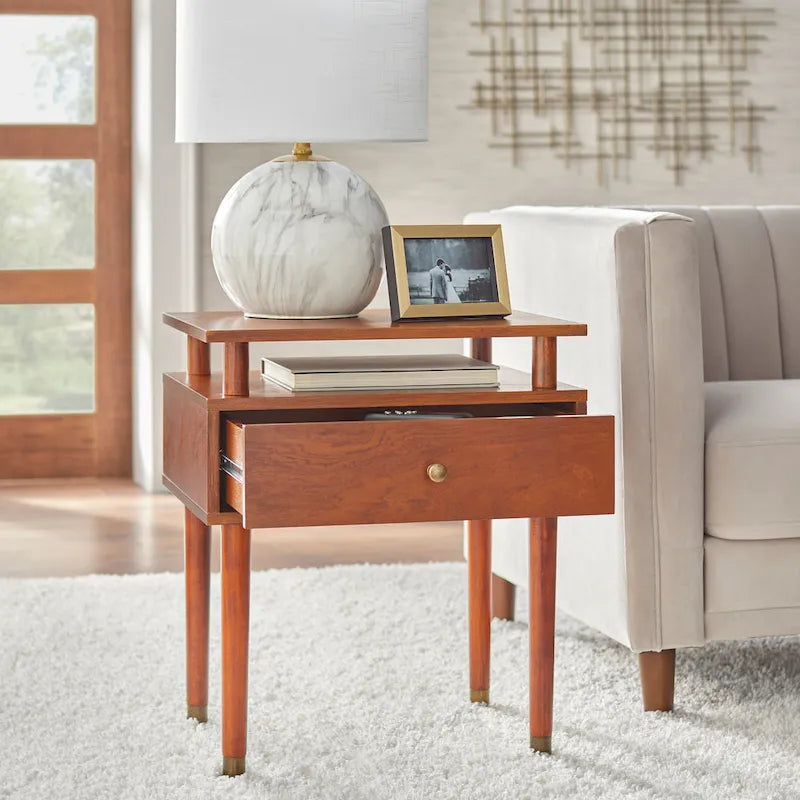 Mid-Century One Drawer Side Table - Antique White/Blush Pink/Walnut
