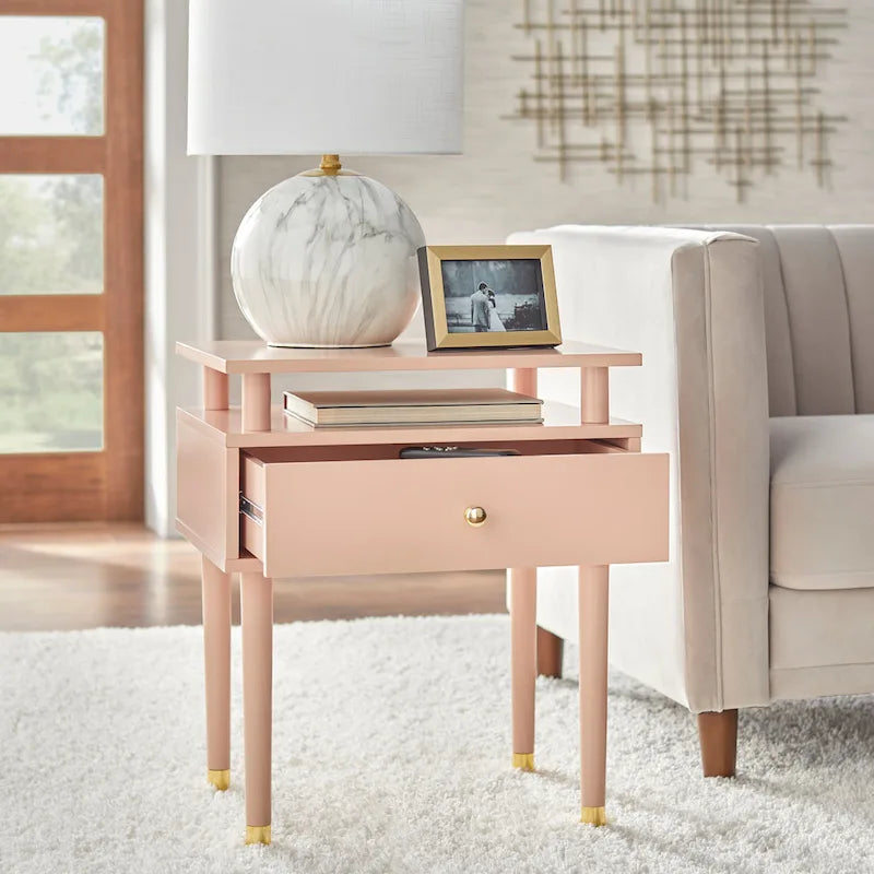 Mid-Century One Drawer Side Table - Antique White/Blush Pink/Walnut